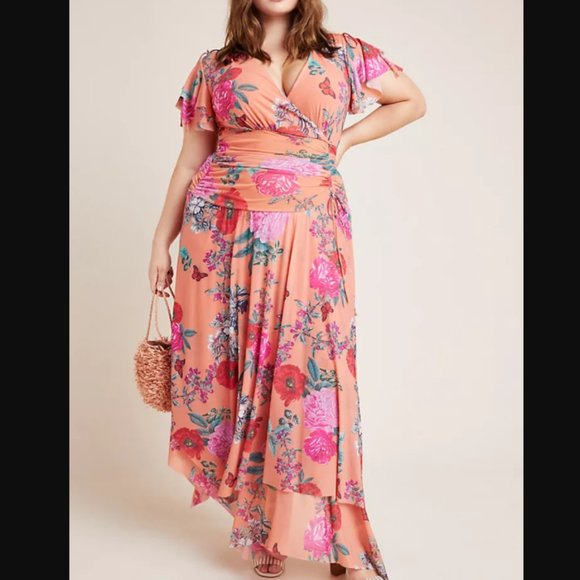 Anthropologie Floral High Low Dress - Pink and Red - Picture 1 of 4